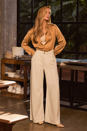 Calça Pantalona de Linho Dunas Areia