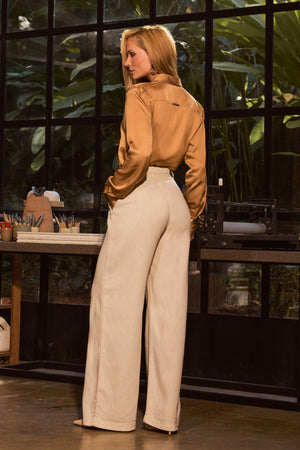 Calça Pantalona de Linho Dunas Areia