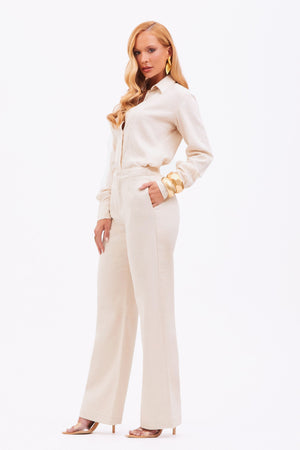 Calça Reta Alfaiataria com Linho Dunas Areia