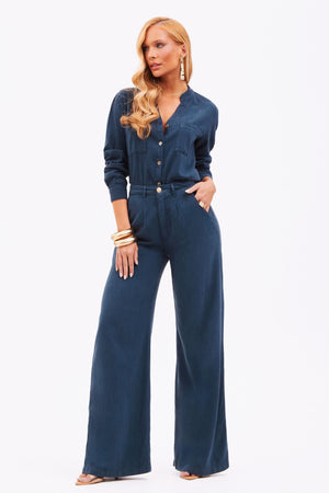 Calça Pantalona de Linho Dunas Azul Marinho