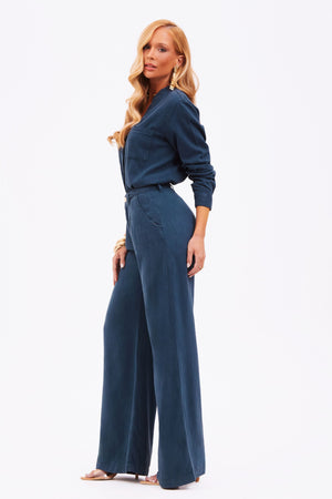 Calça Pantalona de Linho Dunas Azul Marinho