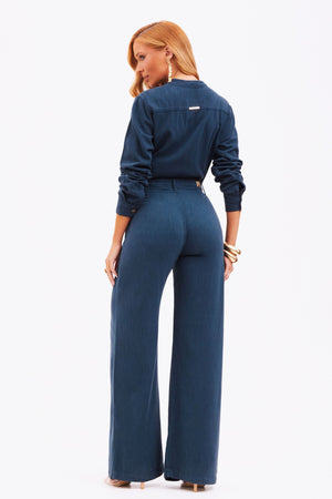 Calça Pantalona de Linho Dunas Azul Marinho
