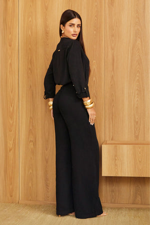 Calça Pantalona de Linho Térmico Estilo Alfaiataria Dunas Preta