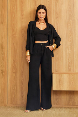 Calça Pantalona de Linho Térmico Estilo Alfaiataria Dunas Preta