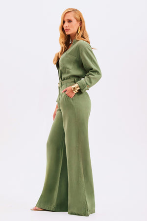 Calça Pantalona de Linho Dunas Verde Militar