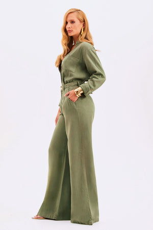 Calça Pantalona de Linho Dunas Verde Militar