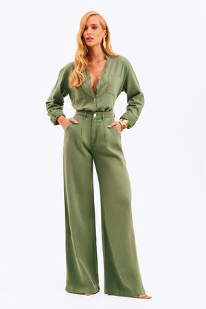 Calça Pantalona de Linho Dunas Verde Militar