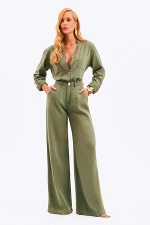 Calça Pantalona de Linho Dunas Verde Militar