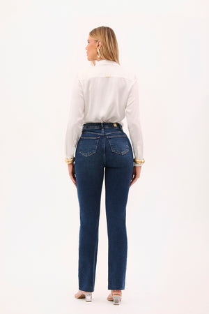 Calça Jeans Modeladora Essencial Reta Cós Super Alto Barra Corte a Laser