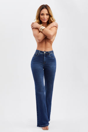 Calça Jeans Essencial Wide Leg Jeans Escuro Cós Médio