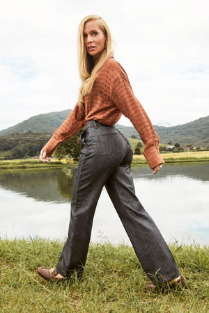 Calça Jeans Reta Estilo Alfaiataria Jeans Escuro