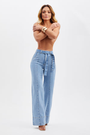 Calça Jeans de Rica Tecnológica Wide Leg Basic Cós Super Alto