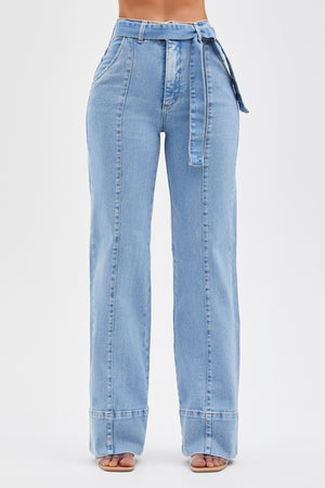 Calça Jeans de Rica Tecnológica Wide Leg Basic Cós Super Alto