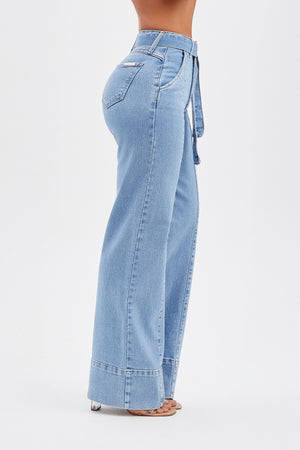 Calça Jeans de Rica Tecnológica Wide Leg Basic Cós Super Alto