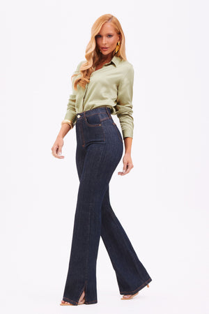 Calça Jeans Wide Leg Modeladora Fantástica Cós Super Alto Barra Tradicional