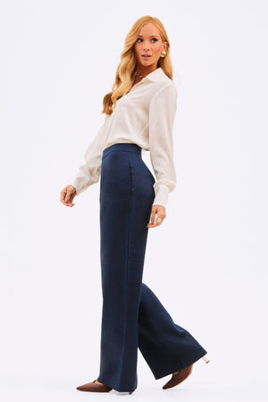 Calça Pantalona Feminina 100% Linho Azul Marinho