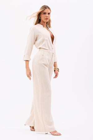 Calça Pantalona de Linho Térmico Estilo Alfaiataria Dunas Areia