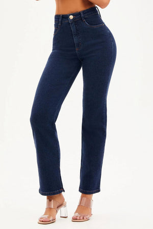 Calça Jeans Luxury Reta Jeans Escuro Cós Super Alto
