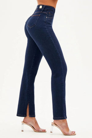 Calça Jeans Luxury Reta Jeans Escuro Cós Super Alto