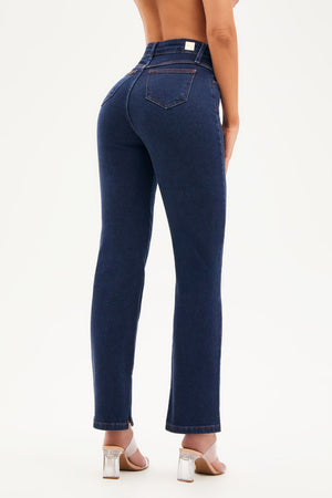 Calça Jeans Luxury Reta Jeans Escuro Cós Super Alto