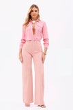 Calça Jeans Wide Leg Modeladora Cós Super Alto Barra Desfiada Rosa