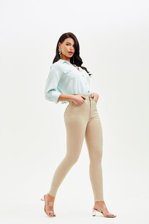 Calça Jeans Skinny Modeladora Cós Alto Nude