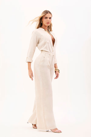 Calça Pantalona de Linho Térmico Estilo Alfaiataria Dunas Areia