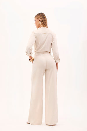 Calça Pantalona de Linho Térmico Estilo Alfaiataria Dunas Areia