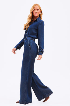 Calça Pantalona de Liocel Aura Jeans Escuro