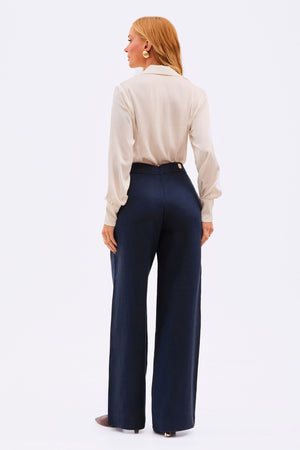 Calça Pantalona Feminina 100% Linho Azul Marinho