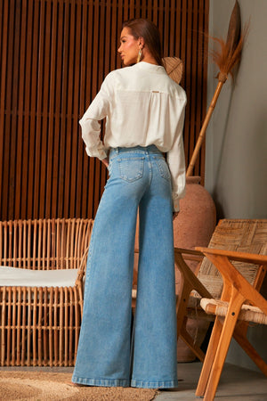 Calça Jeans Pantalona Basic Cós Super Alto Clara