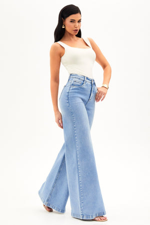 Calça Jeans Basic Pantalona Jeans Claro Cós Super Alto