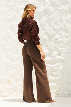 Calça Pantalona de Linho Dunas Coffee