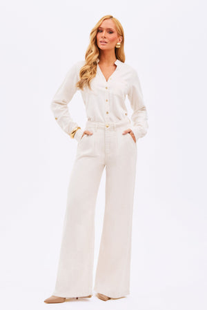 Calça Pantalona de Linho Dunas Areia
