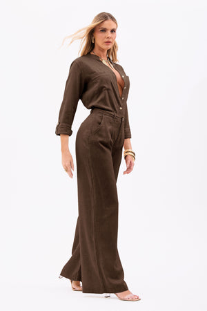 Calça Pantalona de Linho Térmico Estilo Alfaiataria Dunas Coffee