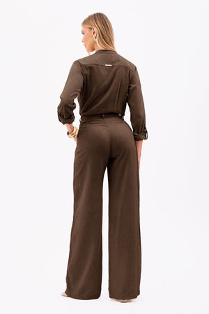 Calça Pantalona de Linho Térmico Estilo Alfaiataria Dunas Coffee