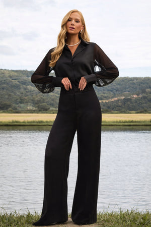 Calça Pantalona de Viscose Acetinada Essence Preta