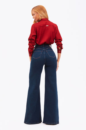 Calça Jeans Pantalona Modeladora Luxury Cós Super Alto Barra Tradicional