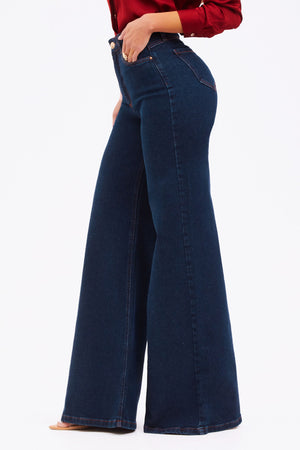Calça Jeans Pantalona Modeladora Luxury Cós Super Alto Barra Tradicional