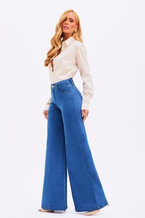 Calça Jeans Pantalona Modeladora Linea Cintura Média