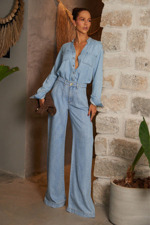 Calça Pantalona com Liocel Aura Jeans Claro