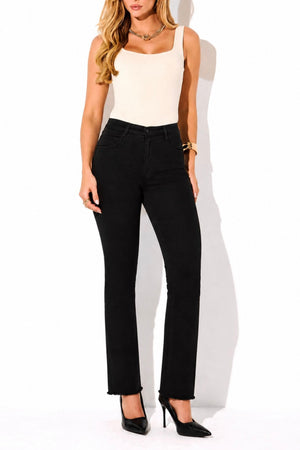 Calça Jeans Reta Preta Cintura Média Barra Desfiada Preto Intenso