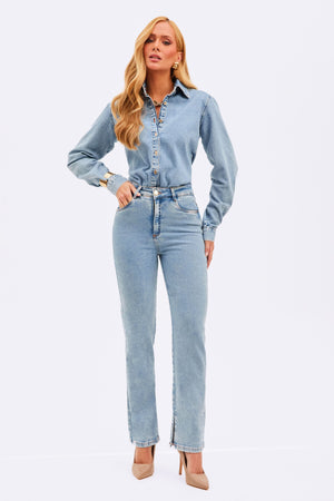 Calça Jeans Reta Basic Cintura Super Alta Clara