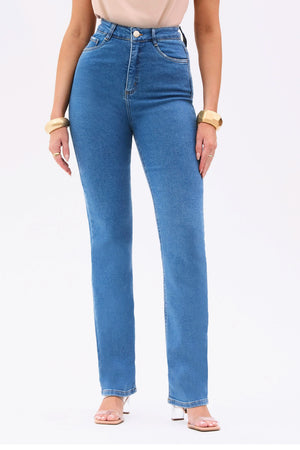 Calça Jeans Reta Clássica Cós Super Alto 99% Algodão