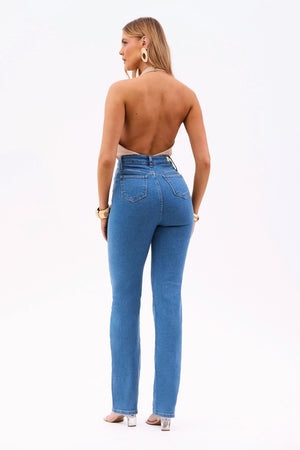 Calça Jeans Reta Clássica Cós Super Alto 99% Algodão