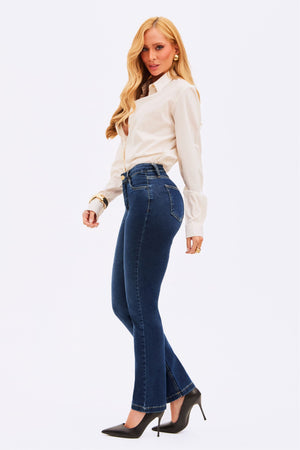 Calça Jeans Reta Modeladora Curva dos Sonhos Cintura Média Escura