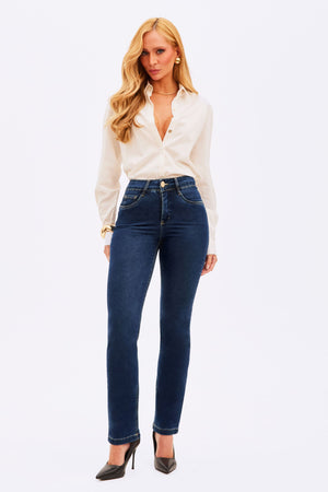 Calça Jeans Reta Modeladora Curva dos Sonhos Cintura Média Escura