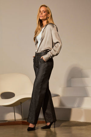 Calça Jeans Reta Estilo Alfaiataria Jeans Escuro Cintura Super Alta