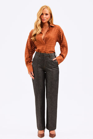 Calça Jeans Reta Estilo Alfaiataria Jeans Escuro