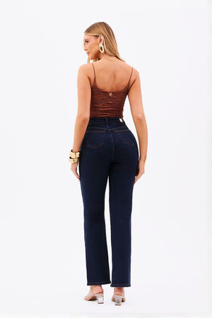 Calça Jeans Luxury Reta Cós Super Alto Jeans Escuro